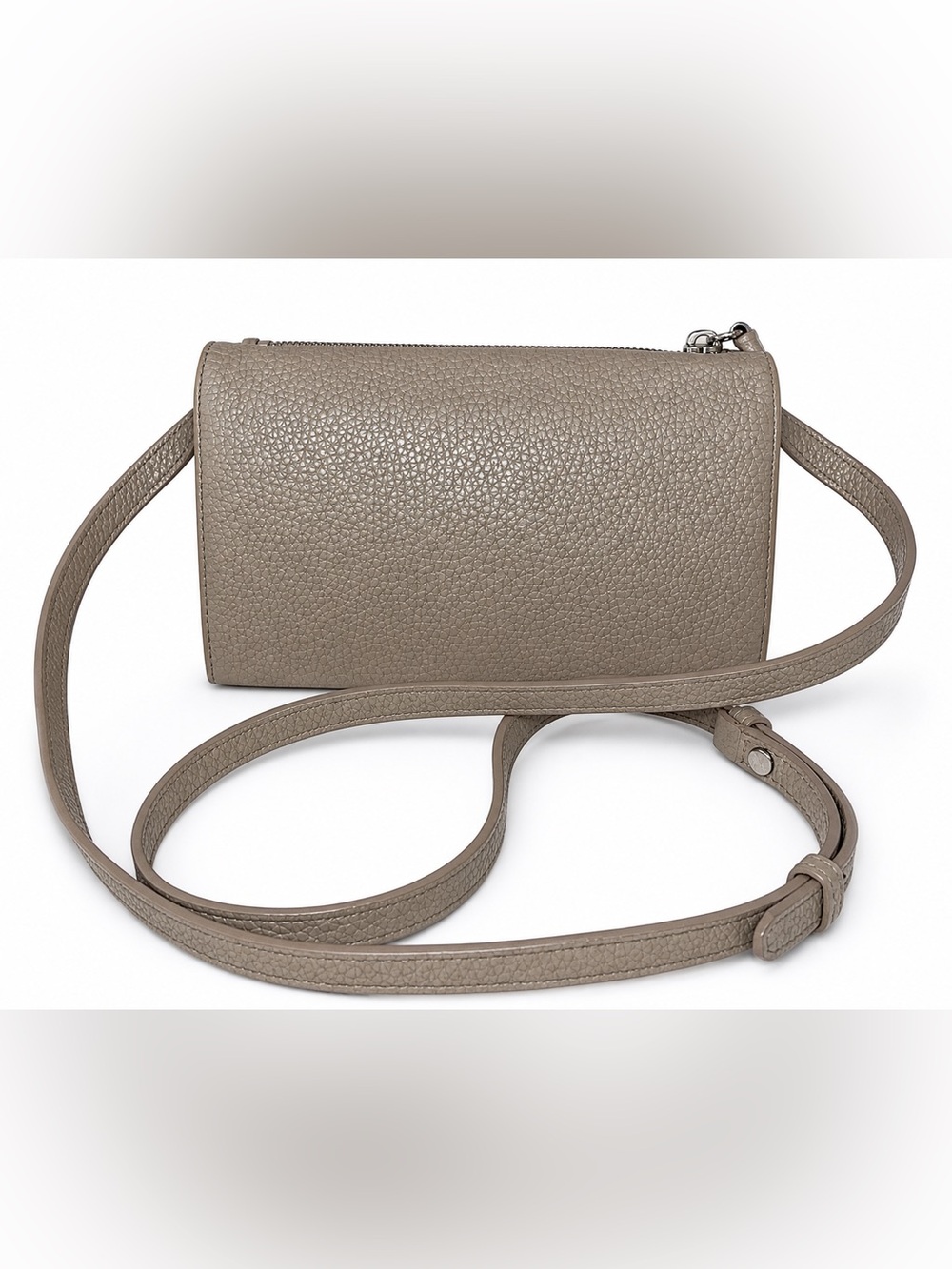 AllSaints Fetch Taupe Grey Crossbody Wallet Bag Pebbled Leather Silver Hardware
